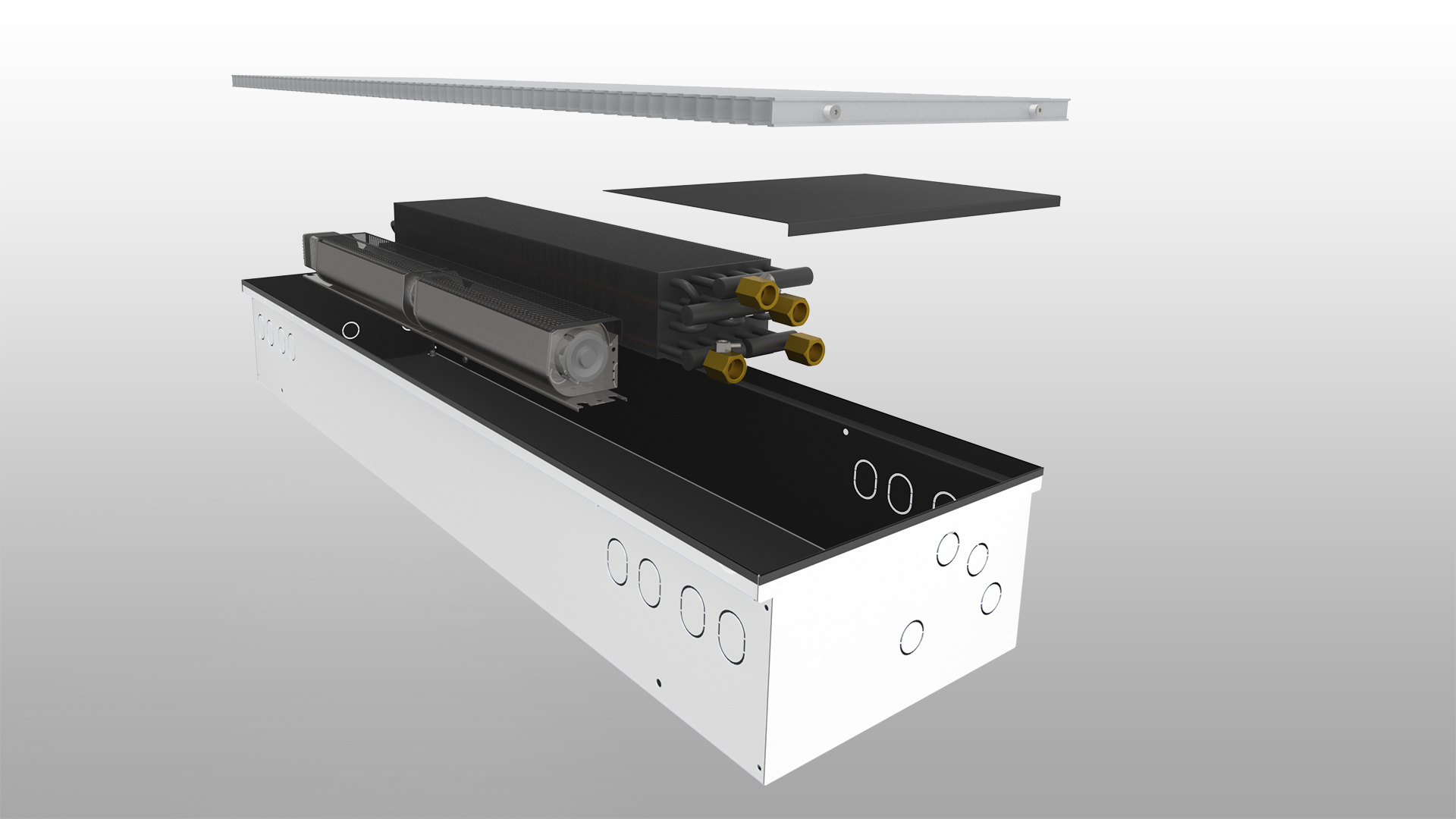 Konvektor podlahový Boki InFloor F2C 230×1600×110 mm s ventilátorem 24 V DC a chlazením BOKI